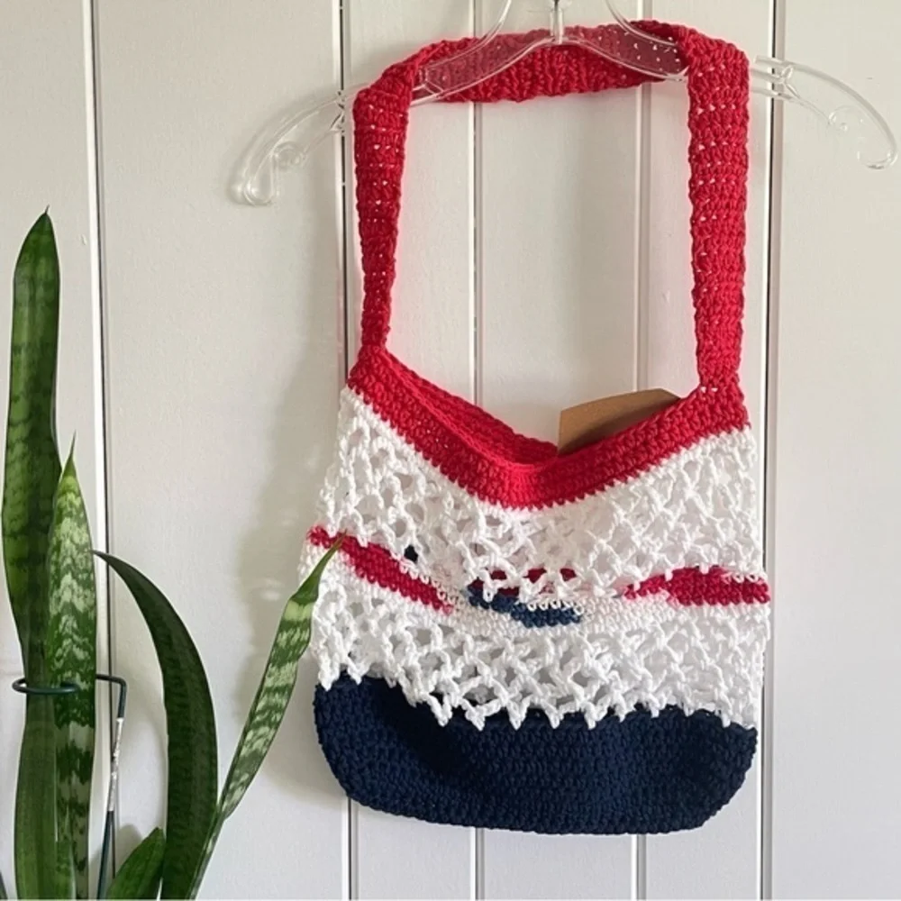 $49 SALE Red White Navy Blue Bottom Tote Bag Purse Cotton Reusable Handmade - Picture 2 of 6